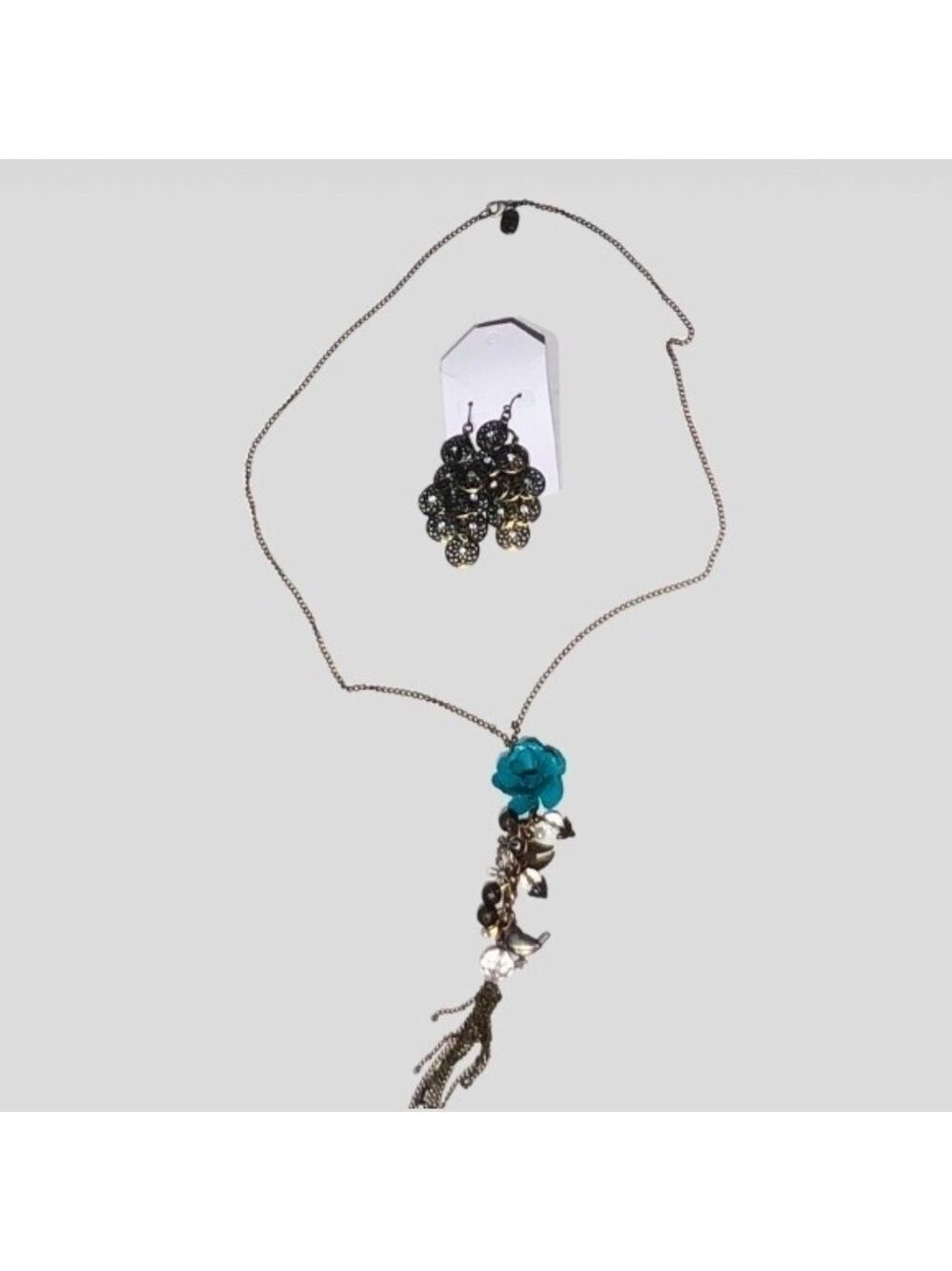 Vintage Floral Turquoise Pendant Necklace and Filigree Earrings Set